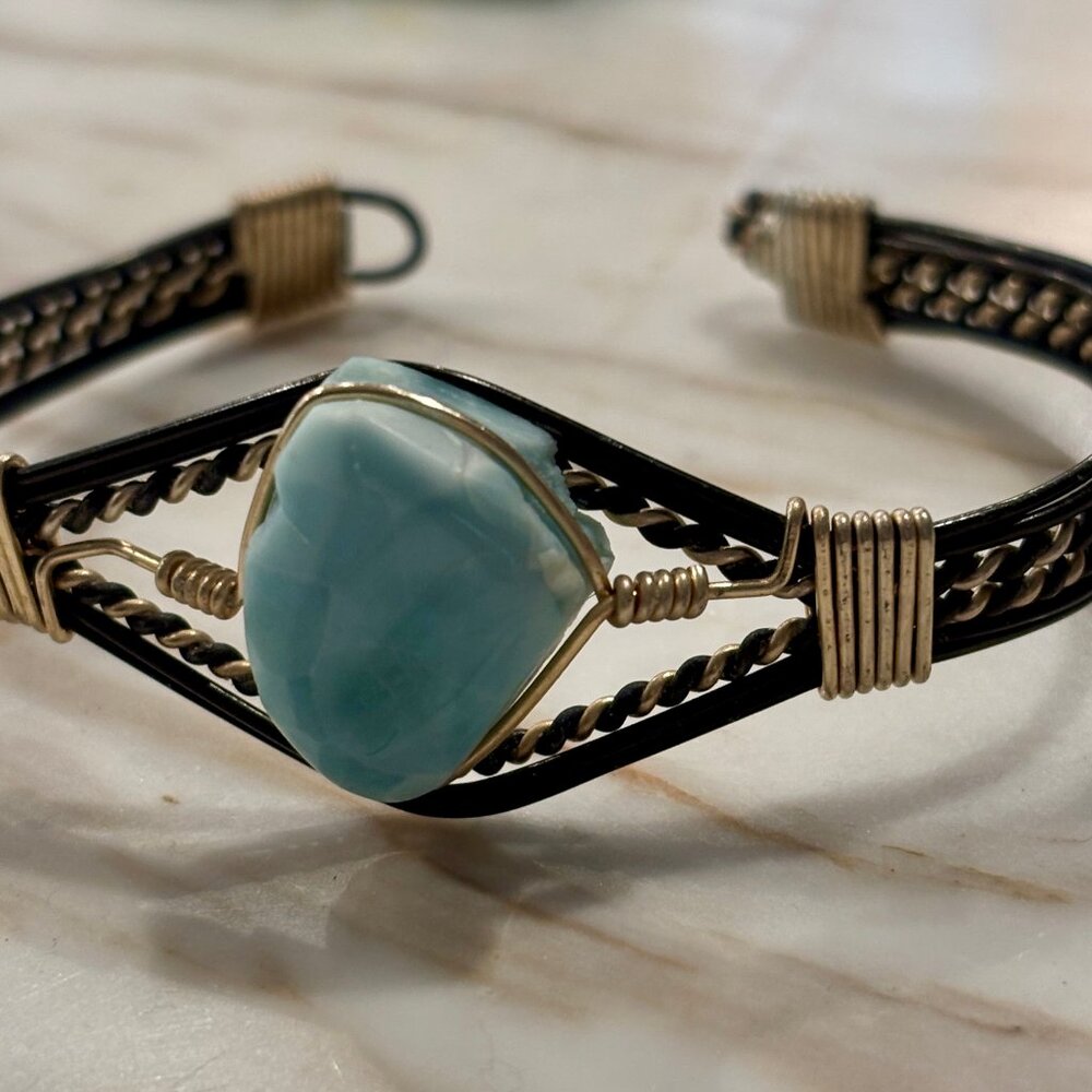Genuine Larimar Cuff Bracelet – Handcrafted Wire Wrap with hook fastener